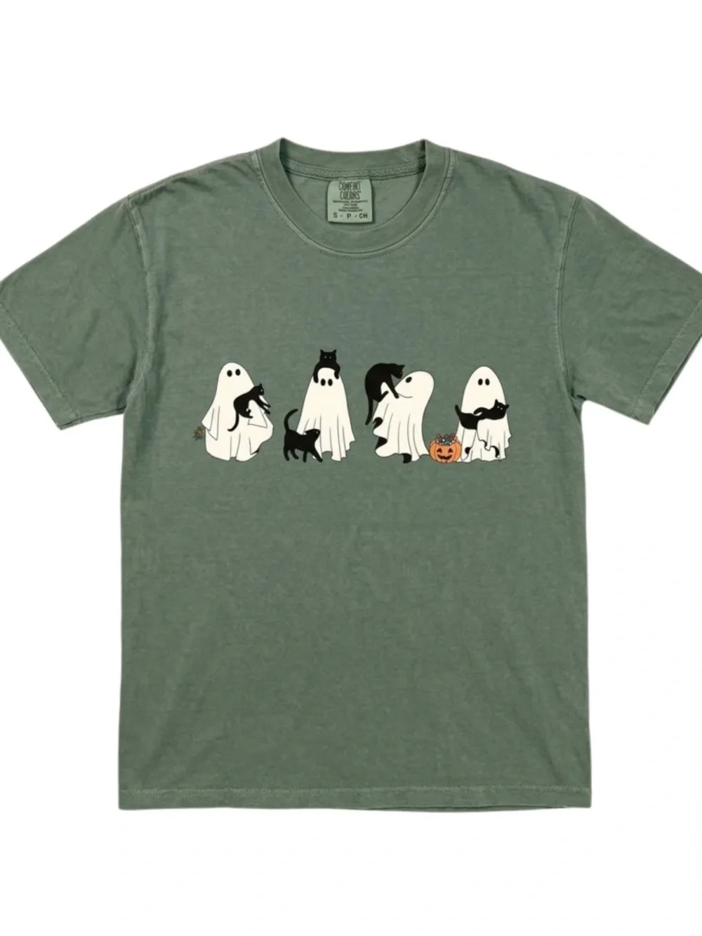 Comfort color moss Ghosts & Black Cats Halloween Graphic Tee